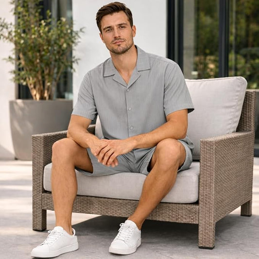 JYF Men’s Relaxed Fit Short Sleeve Co-Ord Set with Shorts, Subtle Stripe