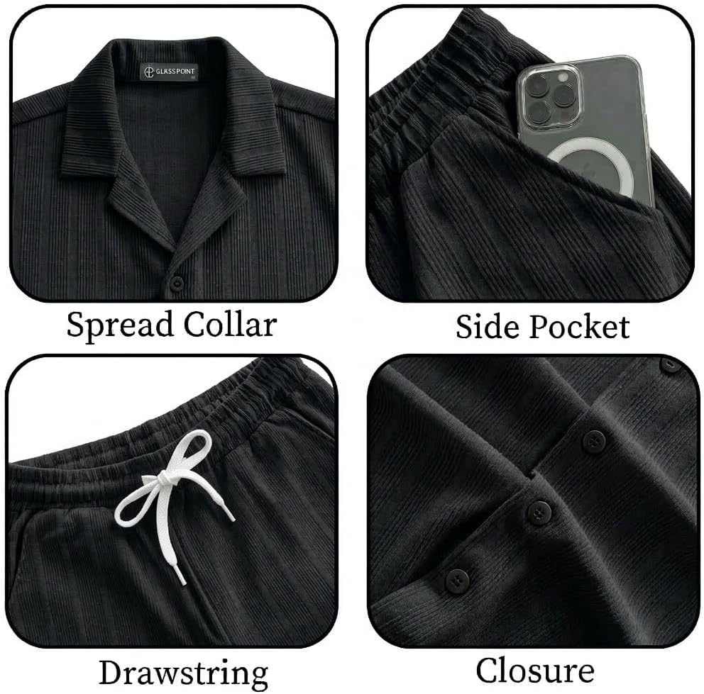 JYF Men's Solid Co-Ord Set – Button-Down Shirt & Matching Shorts