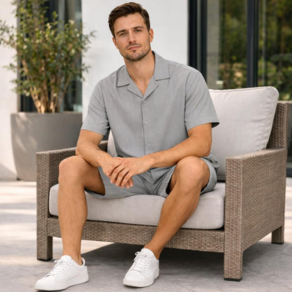 JYF Men's Solid Co-Ord Set – Button-Down Shirt & Matching Shorts