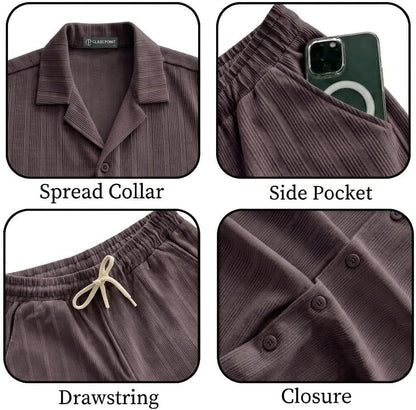JYF Men's Solid Co-Ord Set – Button-Down Shirt & Matching Shorts