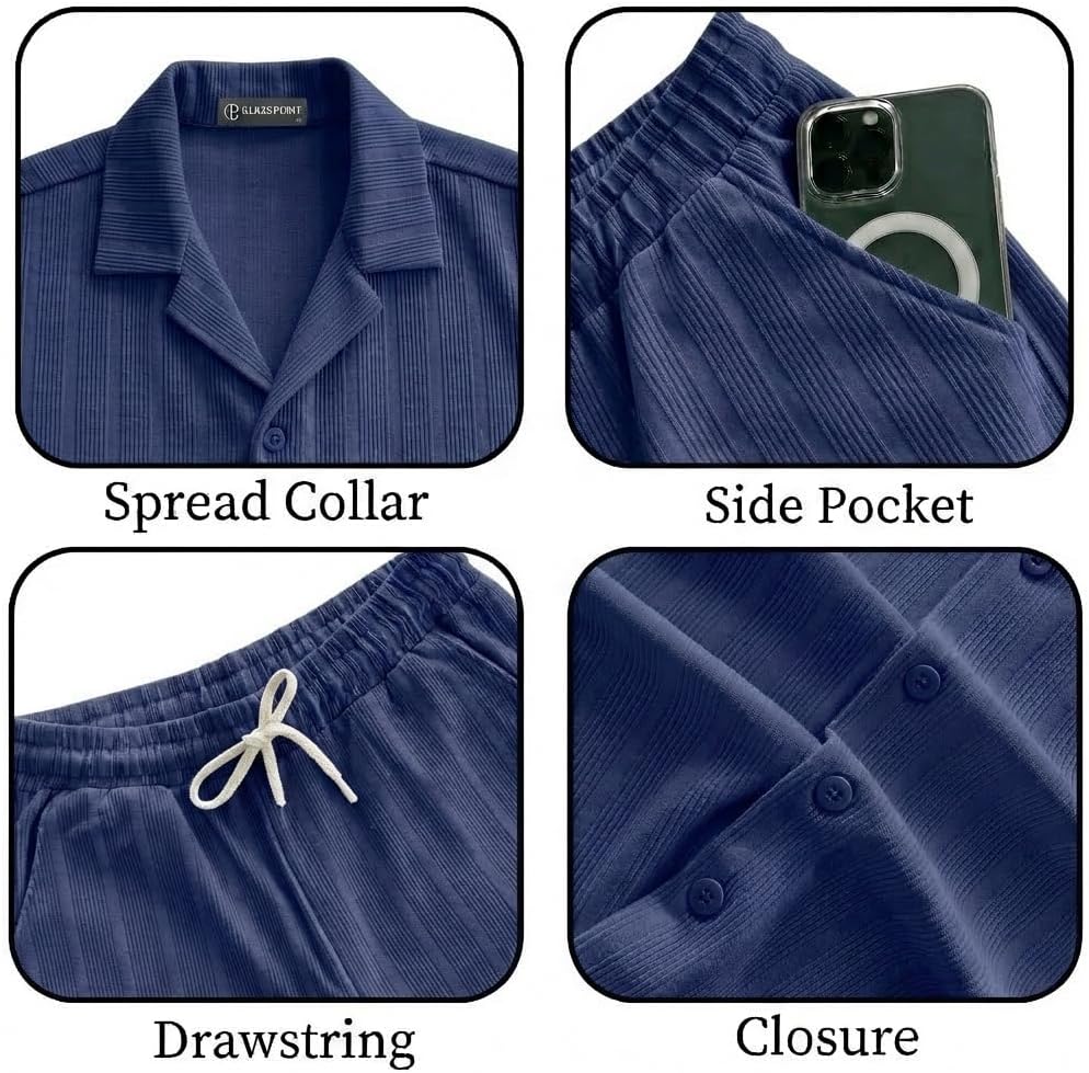 JYF Men's Solid Co-Ord Set – Button-Down Shirt & Matching Shorts
