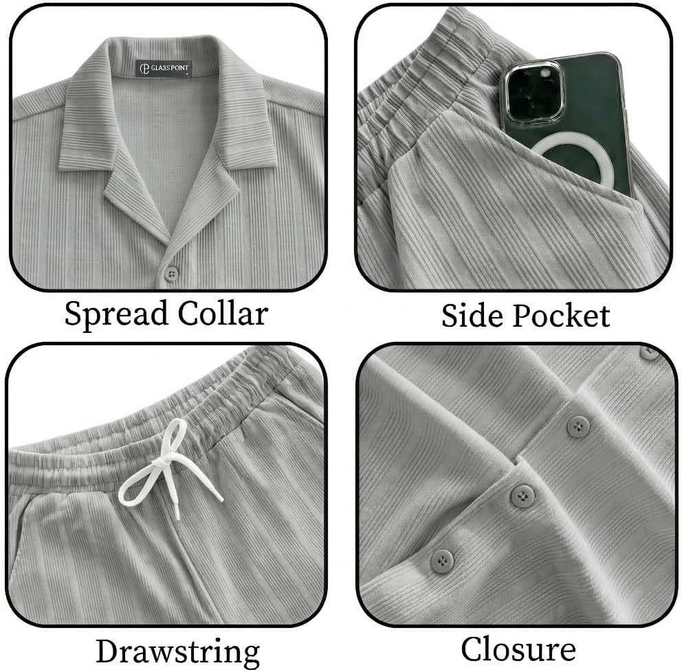 JYF Men's Solid Co-Ord Set – Button-Down Shirt & Matching Shorts