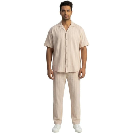 JYF Men’s Relaxed Fit Short Sleeve Co-Ord Set with Full Pants, Subtle Stripe