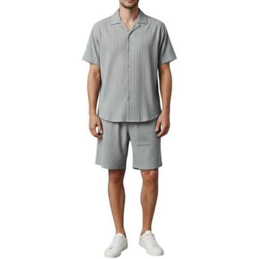 JYF Men’s Relaxed Fit Short Sleeve Co-Ord Set with Shorts, Subtle Stripe